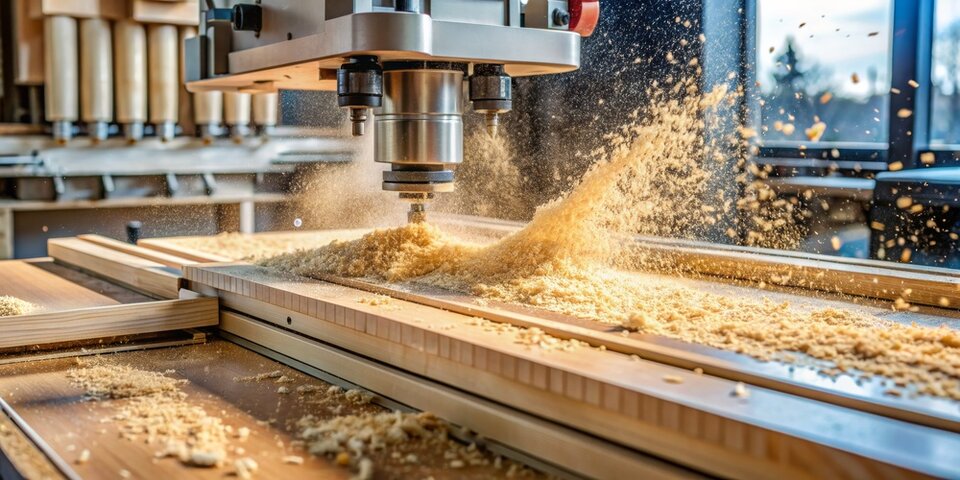 CNC Router Cutting Wood with Sawdust Flying