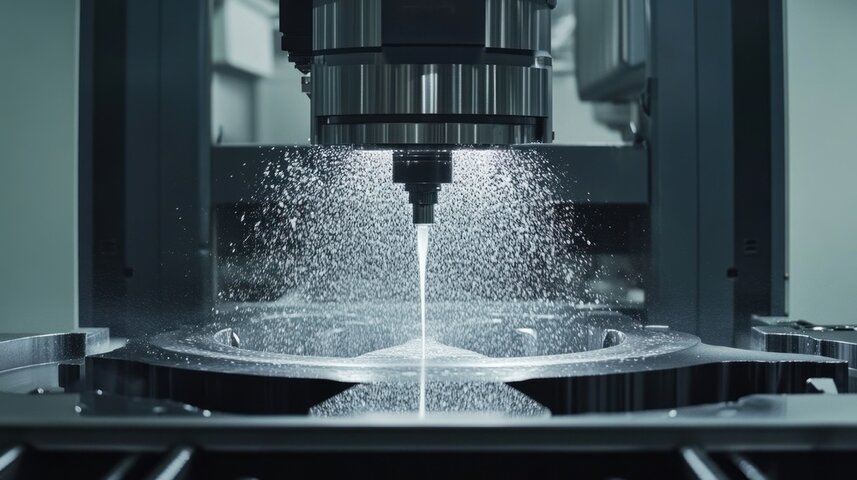 Multiple nozzles spray cooling liquids as the machine cuts with speed and precision