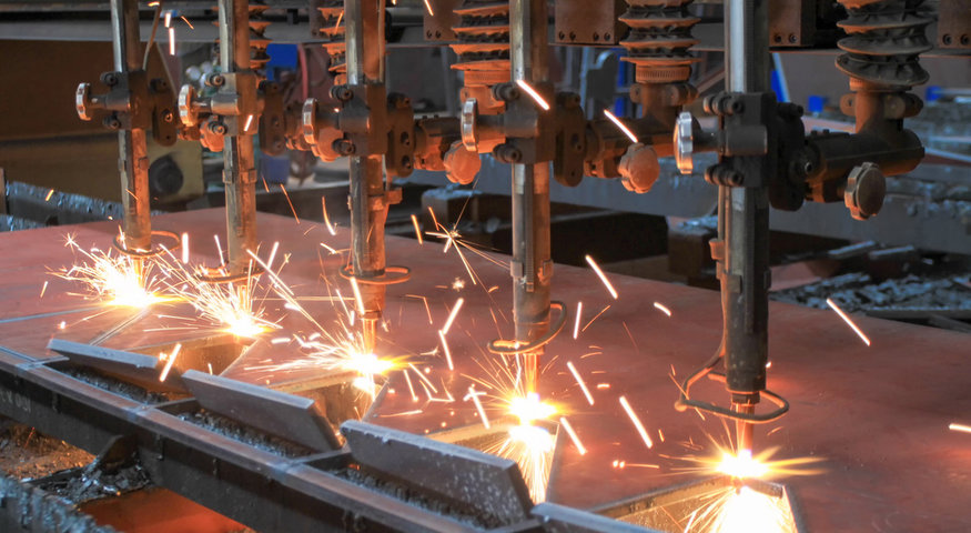 CNC LPG cutting with sparks close up