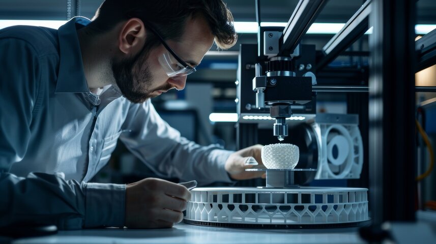 technician inspecting a freshly printed object 